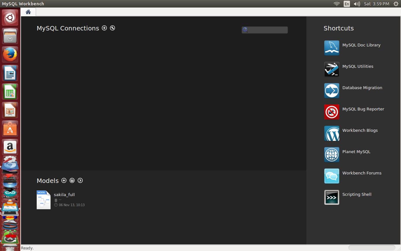 MySQL Workbenchs home screen immediately after installation. MySQL Workbenchs home screen immediately after installation.