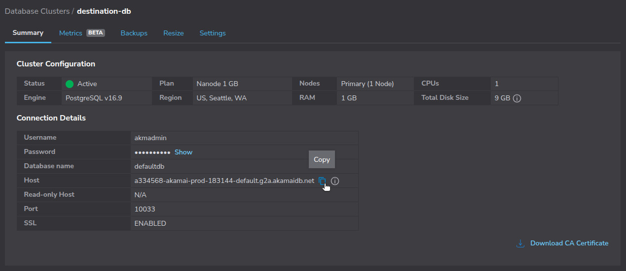 Screenshot of Akamai Cloud Manager showing Linode Managed Database host information.