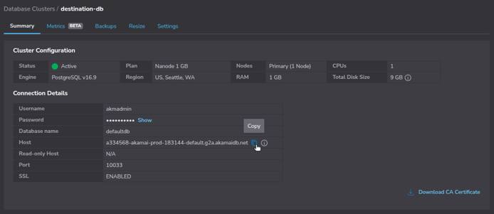 Screenshot of Akamai Cloud Manager showing Linode Managed Database host information.