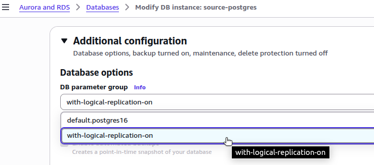 AWS RDS modify database instance page showing selection of a custom DB parameter group.