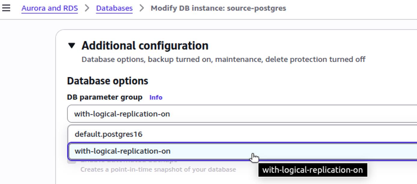 AWS RDS modify database instance page showing selection of a custom DB parameter group. AWS RDS modify database instance page showing selection of a custom DB parameter group.