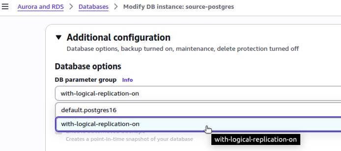 AWS RDS modify database instance page showing selection of a custom DB parameter group.