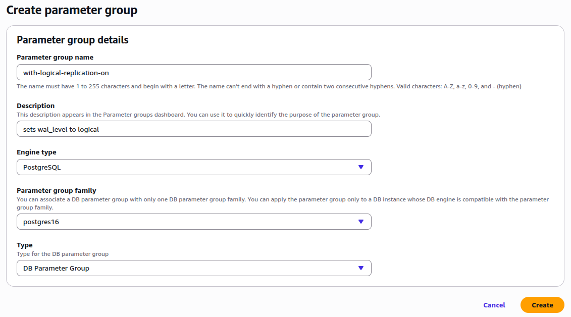 AWS console form for creating a custom RDS PostgreSQL parameter group.
