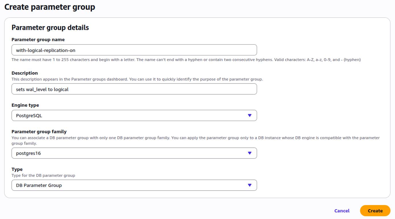 AWS console form for creating a custom RDS PostgreSQL parameter group. AWS console form for creating a custom RDS PostgreSQL parameter group.