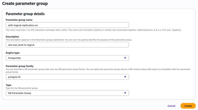 AWS console form for creating a custom RDS PostgreSQL parameter group.