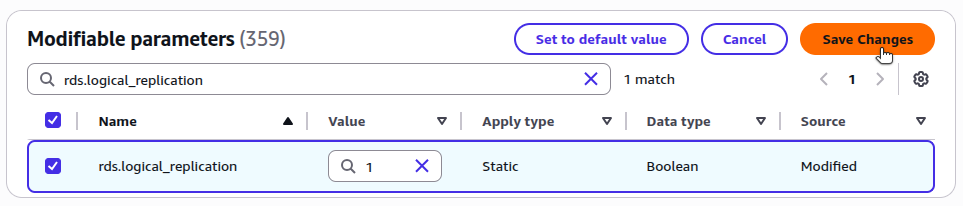 AWS RDS parameter group editor showing logical replication and WAL-related parameter values.