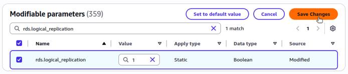 AWS RDS parameter group editor showing logical replication and WAL-related parameter values.