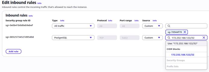 AWS security group inbound rule allowing PostgreSQL traffic on port 5432 from a Linode Managed Database IP address.