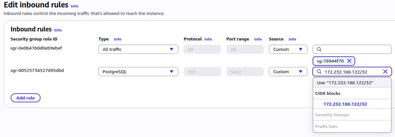 AWS security group inbound rule allowing PostgreSQL traffic on port 5432 from a Linode Managed Database IP address. AWS security group inbound rule allowing PostgreSQL traffic on port 5432 from a Linode Managed Database IP address.