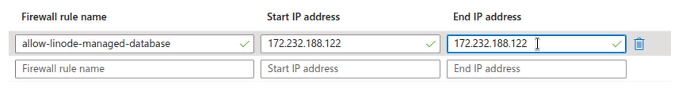 Azure PostgreSQL Networking page showing a firewall rule named allow-linode-managed-database with the Linode host IP entered for Start and End addresses.