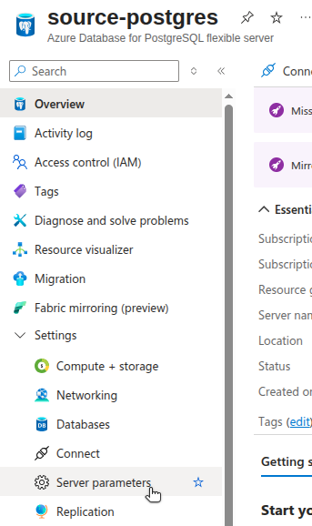 Azure Database for PostgreSQL Flexible Server - Navigation menu with Server parameters selected.