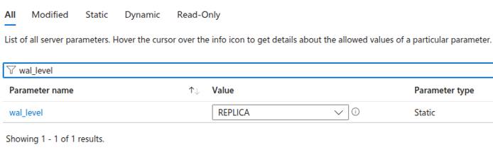 Azure portal Server parameters page showing the wal_level parameter set to REPLICA by default.