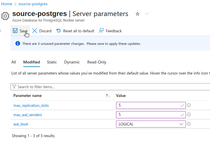 Azure portal Server parameters page showing wal_level set to LOGICAL, max_wal_senders and max_replication_slots set to 5, with the Save button highlighted.