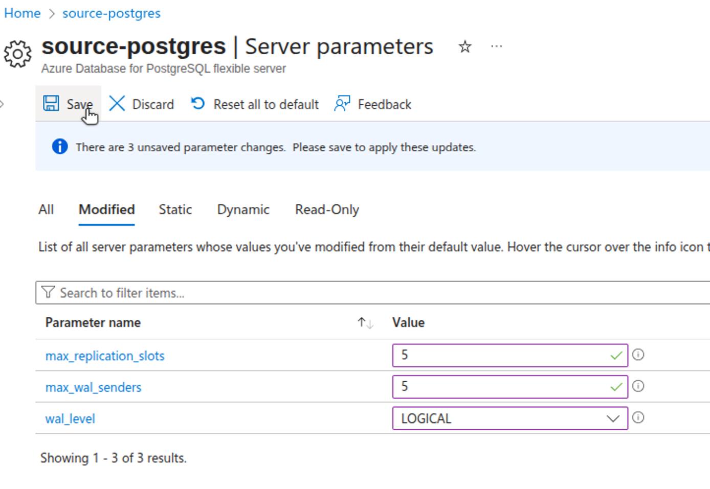 Azure portal Server parameters page showing wal_level set to LOGICAL, max_wal_senders and max_replication_slots set to 5, with the Save button highlighted.