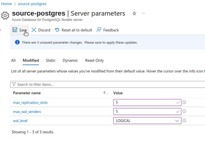 Azure portal Server parameters page showing wal_level set to LOGICAL, max_wal_senders and max_replication_slots set to 5, with the Save button highlighted.