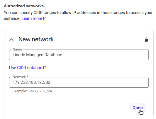 Authorized networks list with Linode IP added.