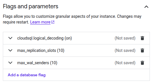 Database flags configuration screen in Cloud SQL console.