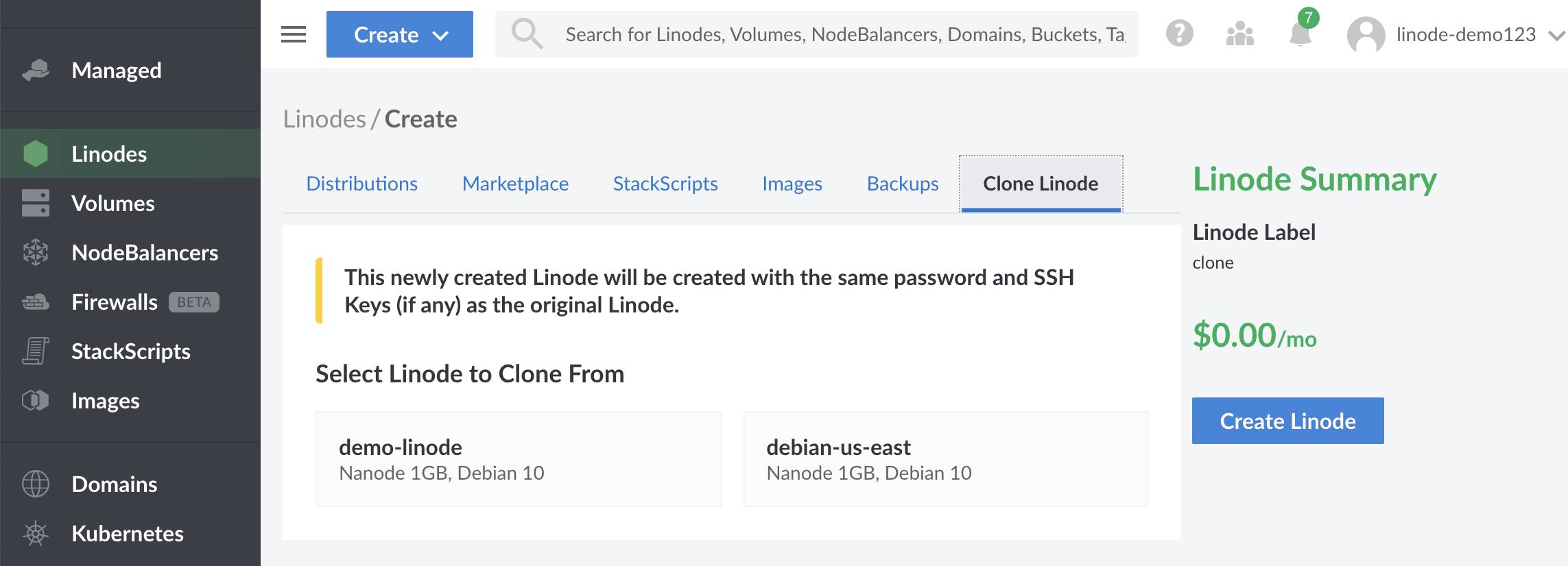 Select the Clone Linode tab to clone an existing Linode. Select the Clone Linode tab to clone an existing Linode.